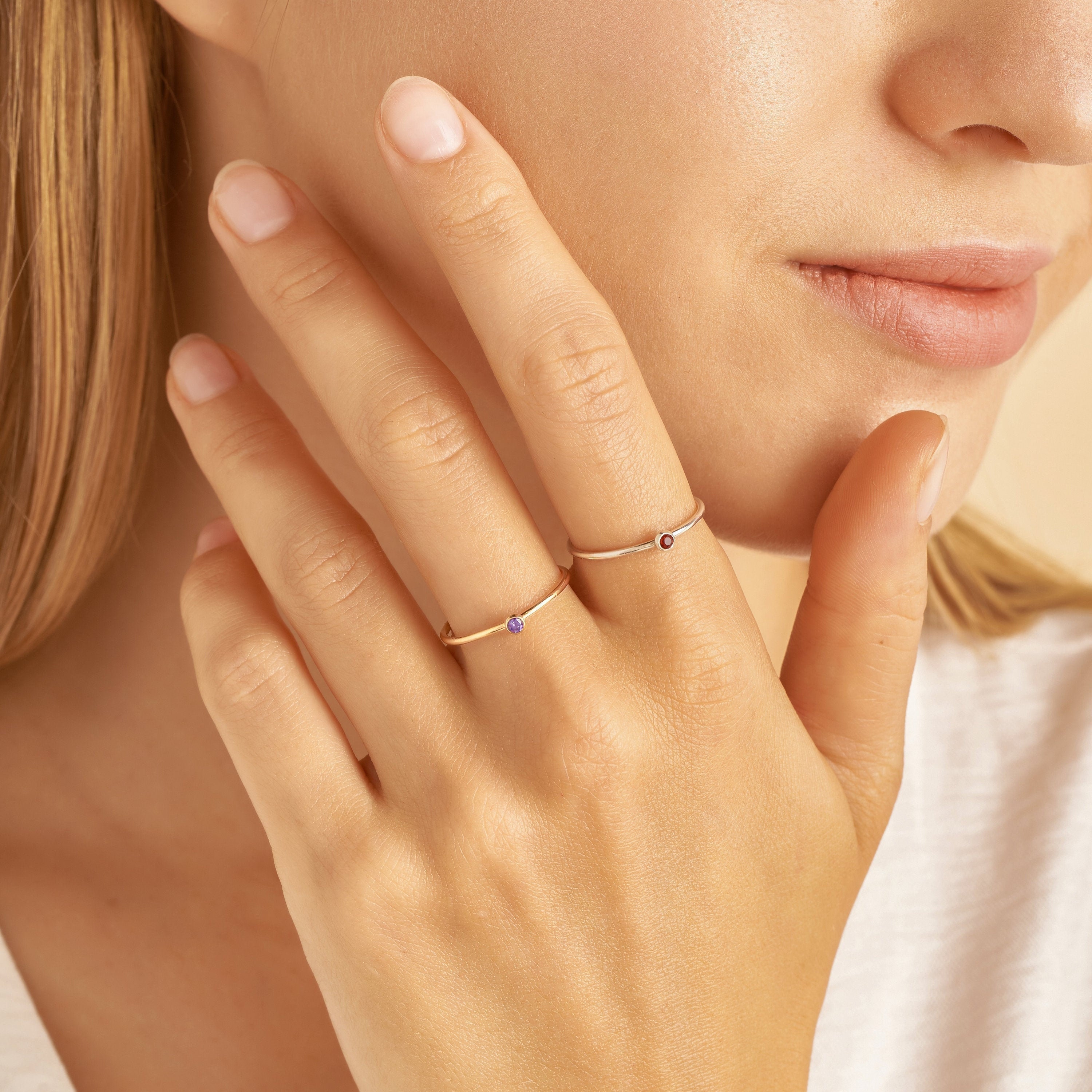 Minimalist Birthstone Ring in Sterling Silver, Gold, Rose Gold Stacking Custom Gemstone Personalized Gift For Her Rm45