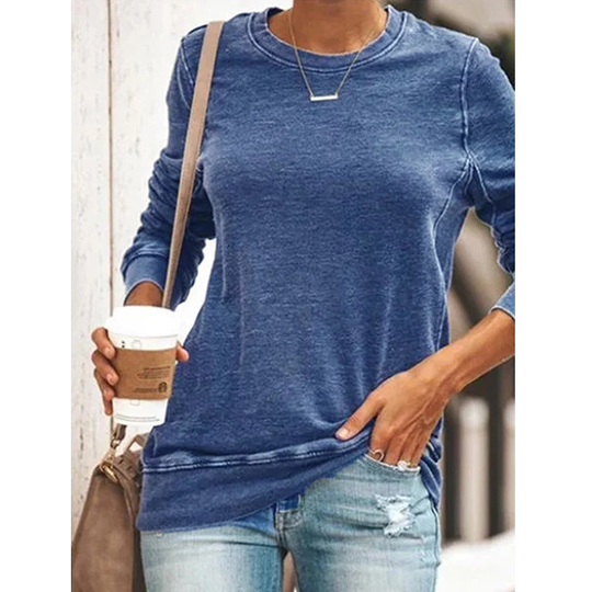 Round Neck Long Sleeve Casual Cotton-Blend Shirts & Tops - Blue, M