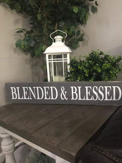 Blended & Blessed Sign, Blended Family, 5.5x30 Inch, Wood Distressed, Farmhouse, Gallery Wall, Horizontal White, Gray, Black