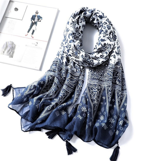 Ocean Hues - Cotton Linen Polyester Blend Large Scarf Long Elegant Shawl