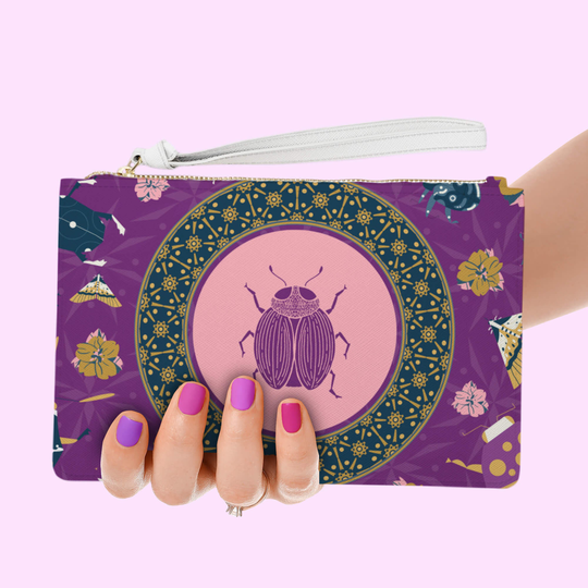 Purple Vegan Leather Beetle Bug Wristlet, Insect Fashion Leatherette Clutch, Butterfly Clutch Purse, Entomology Gift For Her