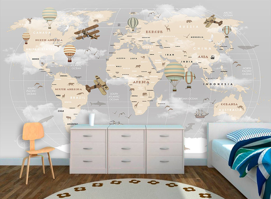 The World Map Gray Air Balloons Planes Background Kindergarten Wallpaper Self Adhesive Peel & Stick Wall Mural Decoration Removable