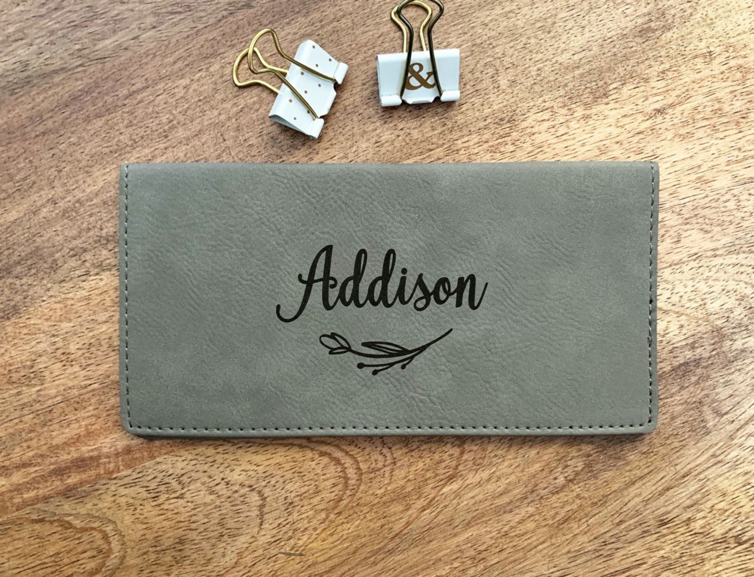 Engraved Checkbook Holder Personalized Cover With Name & Flower Faux Leather Floral