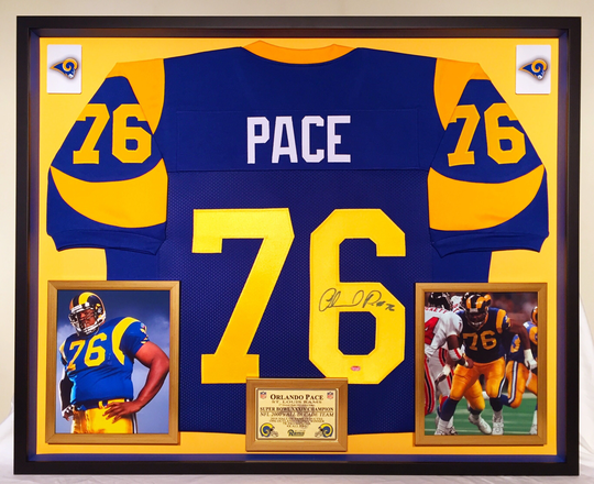 Premium Framed Orlando Pace Autographed/Signed Rams Jersey - Schwartz Coa