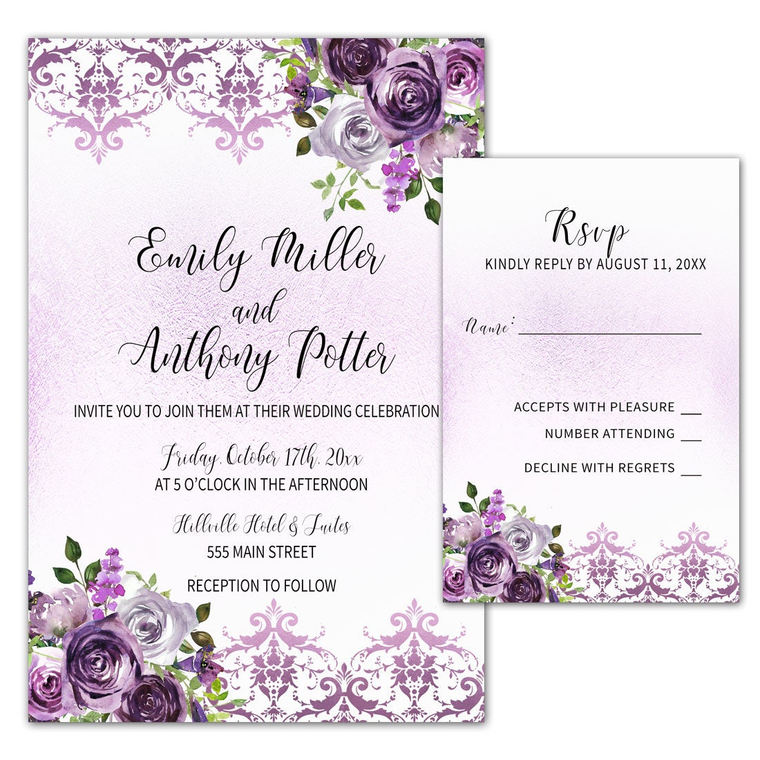 Purple Plum Lavender Wedding Invitation - Flowers Card Floral Romantic Template W Rsvp