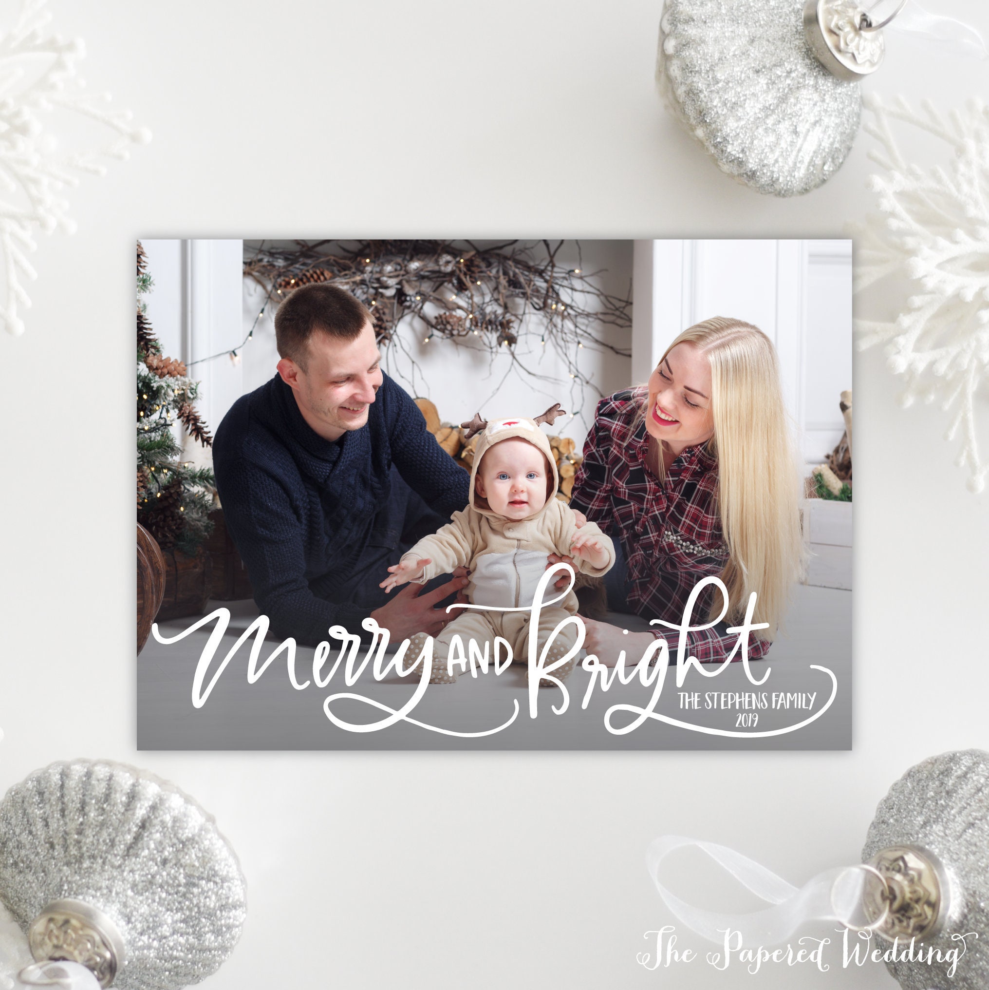 Printable Or Printed Merry & Bright Christmas Cards - Landscape Photo & Holiday Card, Hand-Lettered 067 P1