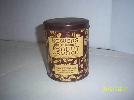 Early Bowers Peanut Crunch Philadelphia Pa 5 1/2" Tall Metal Advertising Tin