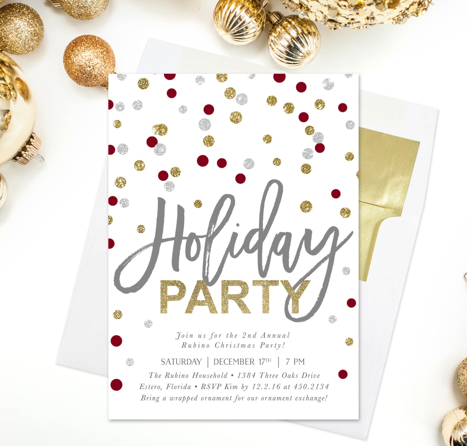 Modern Holiday Party Invitation, Christmas Invite, Confetti Gold, Silver, Red & White. #22B