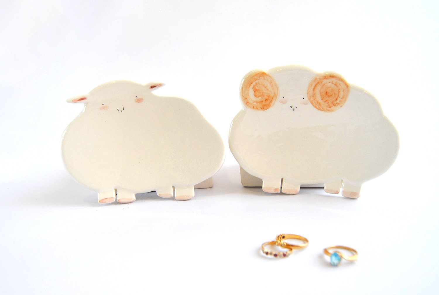 Set Of Two Ring Dishes, Sheep & Ram Shape, in Ceramic. Wedding Gift, Bachelor Party Gift. Ready To Ship