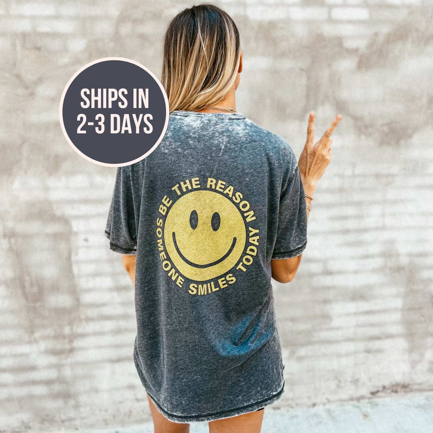 Be The Reason Smiley Face T Shirt For Women, Positive Vibes Back Design Shirt, Retro Acid Wash Distressed Oversized