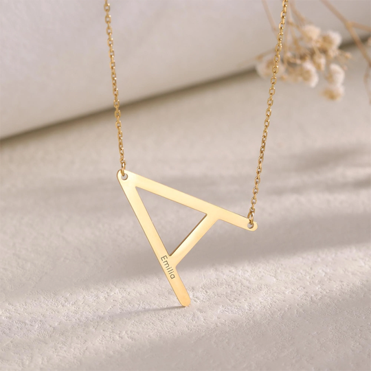 Personalized Large Initial Necklace With Engraved Name|Custom Big Sideways Letter Necklace|Oversized Alphabet Necklace|Monogram