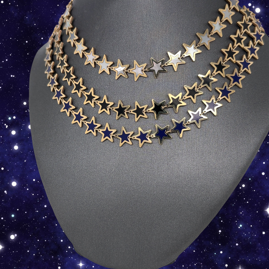 14K Solid Italian Yellow Gold Multi Star Charm Chain, Lapis, Onyx, Mother Of Pearl, All Stars Chain Necklace