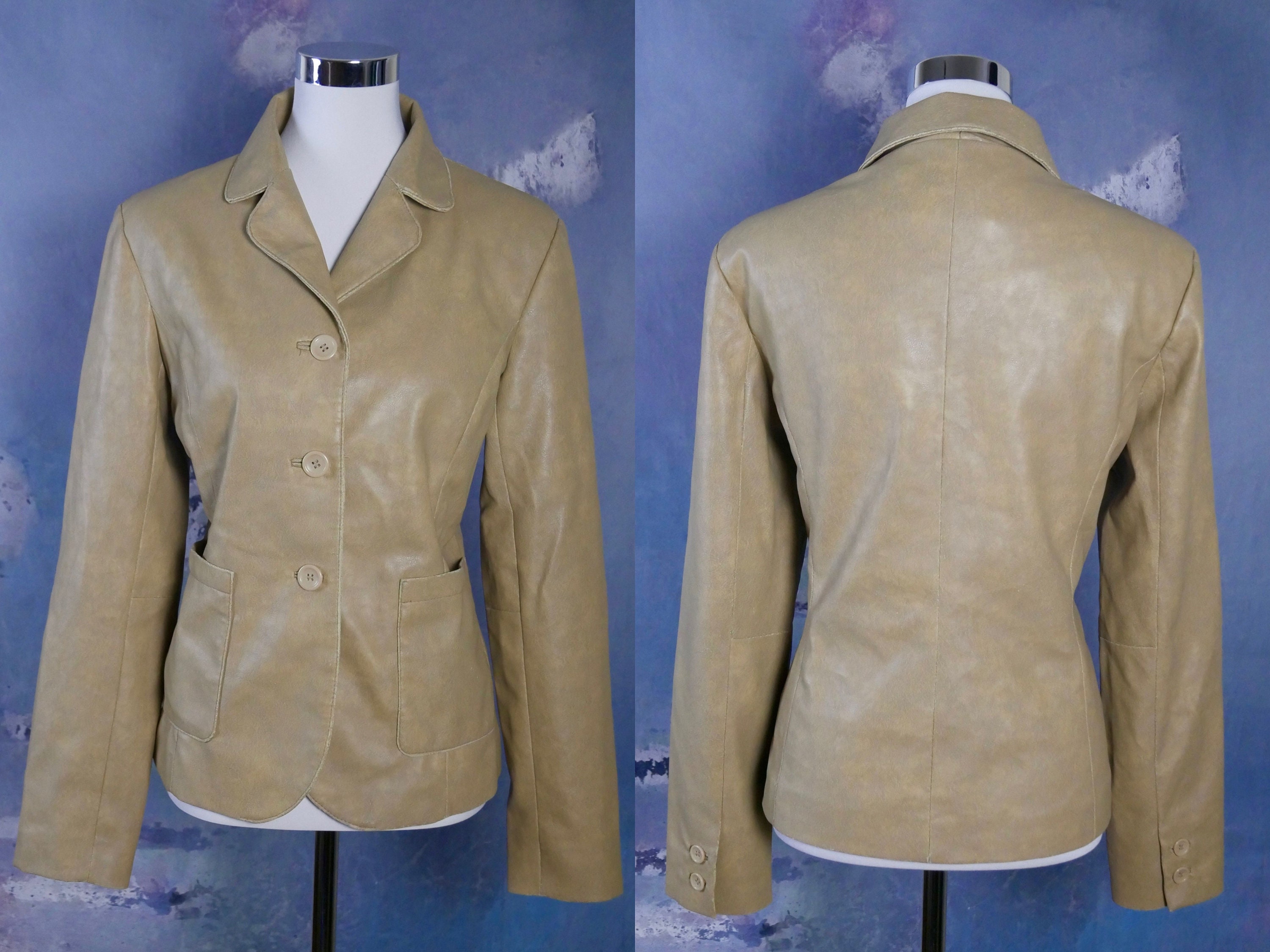 Faux Leather Jacket, 1990S European Vintage Camel-Color Light Beige Vegan Jacket Size 10 Us, 14 Uk