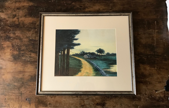 Painting Of An Early New England Country Homestead, Watercolor On Paper in Silver Leaf Frame, Signed Helen M. Winchester, American, C. 1930S