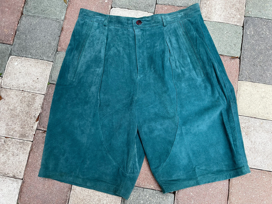 Saxony Collection 1980's Men's/Unisex Leather Suede Teal Shorts