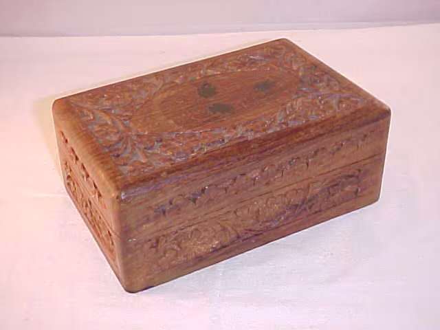 Hand Carved Wood Box Hinged Top Brass Inlay Made in India