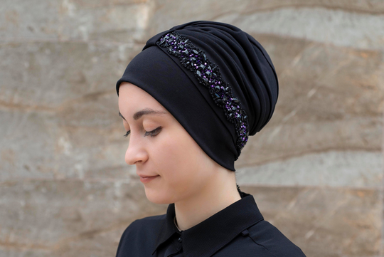 Embellished Large Rhinestone, Black Turban For Women, Retro Turban, Top Knot Hat