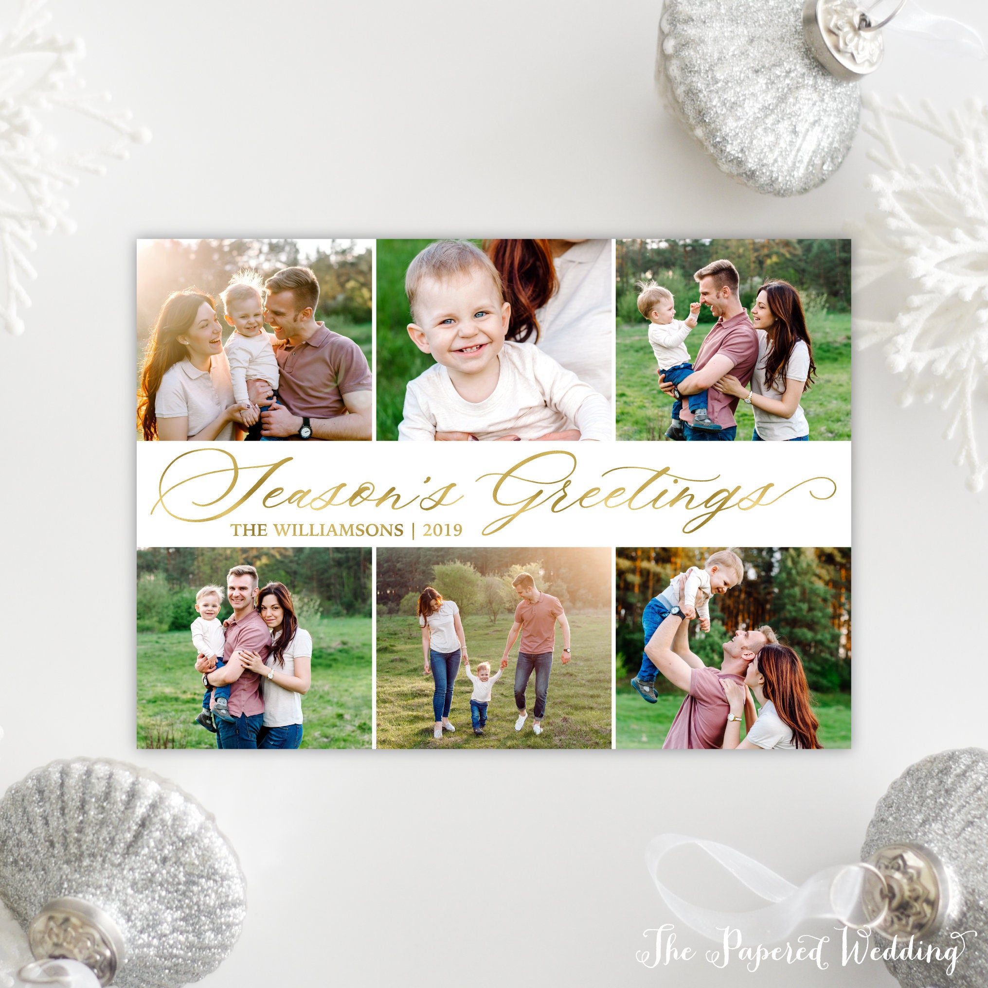 Printable Or Printed Gold Photo Collage Holidays Cards With Season's Greetings - Six Pictures Christmas Cards, 087 P4