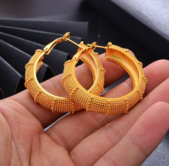 24K Real Gold Plated Wedding Moroccan Dubai Jewelry Big Hoop Twisted Earrings, Kundan Jewelry, Earrings, African Bridal Jewelry