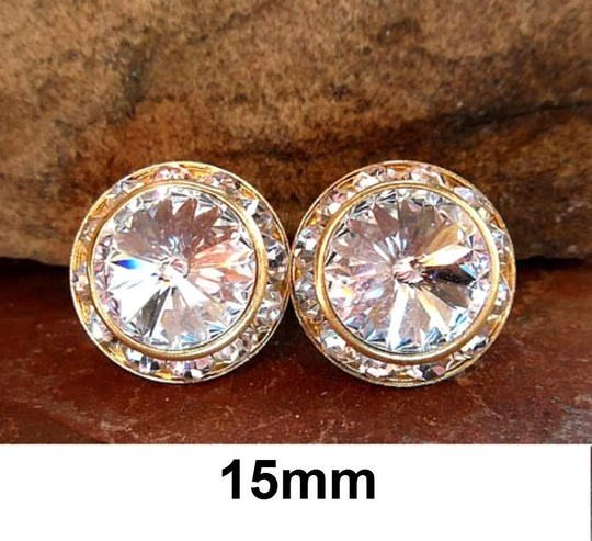 Large Crystal Studs, Gold Surrounds, Rhinestone Earrings, Birthstone Bridal Stud 15mm Earrings