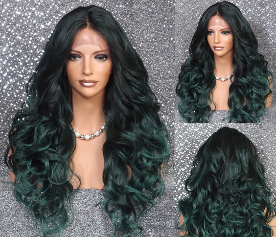 Green Emerald Human Hair Blend Lace Front Wig Heat Safe Layered & Curlly Center Hand Tied Part Emo Anime Cosplay Celebrity Cance Alopecia