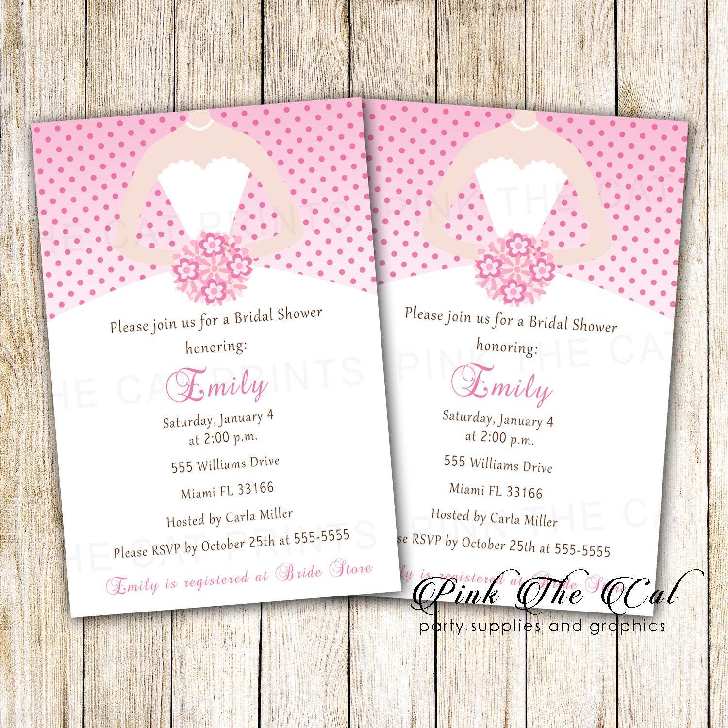 Pink Bridal Shower Invitation, Invitation For Wedding With Dress & Flowers, Printable Polka Dots