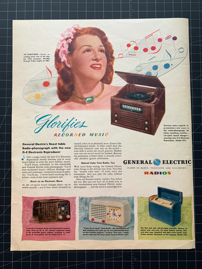 Vintage 1946 General Electric Radios, Jo Stafford Print Ad