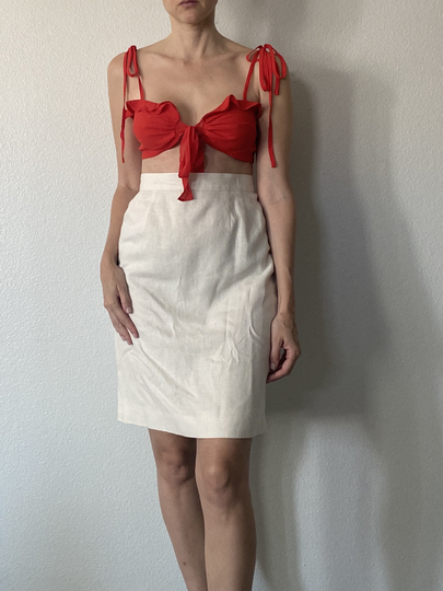 Vintage Linen Rayon Blend Off White Skirt Midi High Waisted Pencil Large