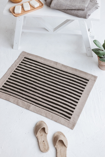 Linen Cotton Blend Bath Mat in Neutral Black Colors, Farmhouse Washable