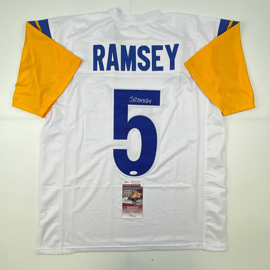 Autographed/Signed Jalen Ramsey Los Angeles La White Football Jersey Jsa Coa