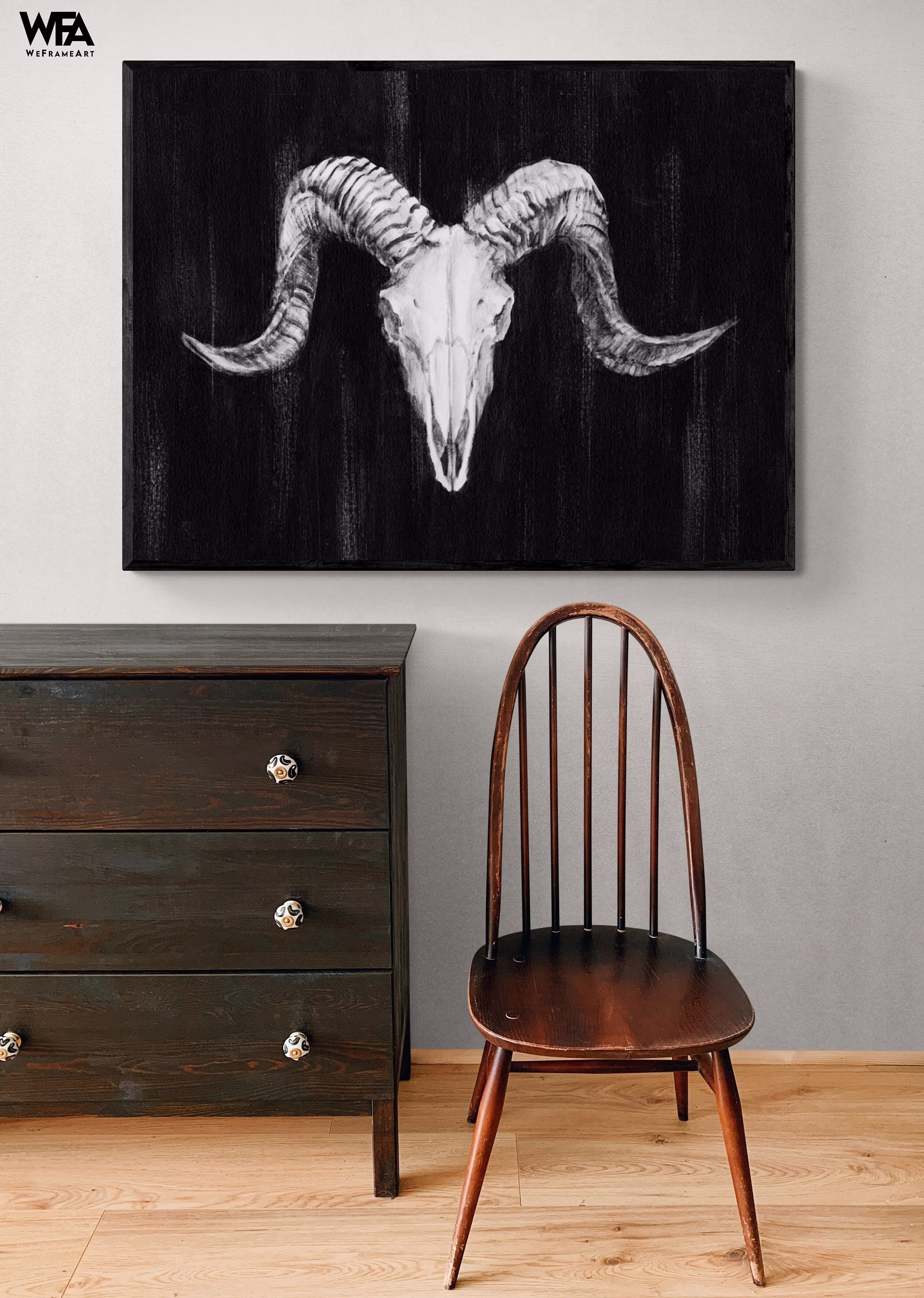Rustic Ram Mount I By Ethan Harper, Framed Western Wall Art, Animal Skull Print, Black & White Farmhouse Decor, Art