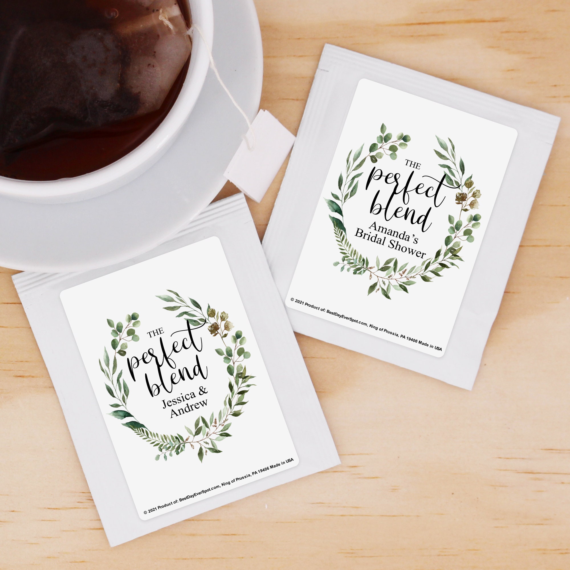 Perfect Blend Wedding Favors, Bridal Shower Tea Party Favor, Green Wreath Favors - Set Of 30
