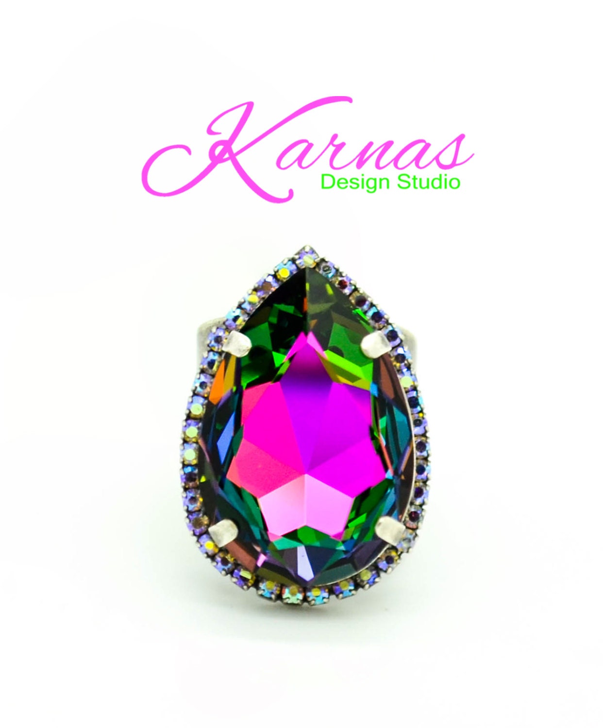 Rainbow & Ab 30x20mm Pear Adjustable Ring K.d.s. Premium Crystal Antique Silver Karnas Design Studio Free Shipping