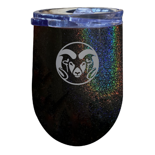 Colorado State Rams 12 oz Laser Etched Insulated Wine Stainless Steel Tumbler Rainbow Glitter Black