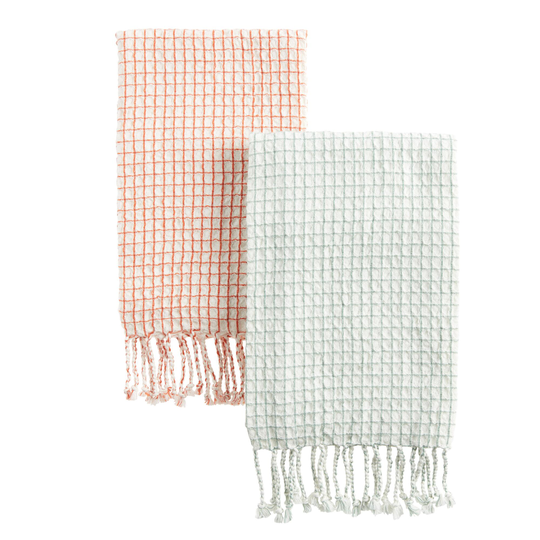 Waffle Weave Check Kitchen Towel With Tassels: Orange - Cotton by World Market