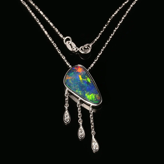 Yellow Pink Fire Opal Pendant Necklace Milgrain Teardrops 18 Inch Doublet With Cubic Zirconia By Anderson Beattie P1990