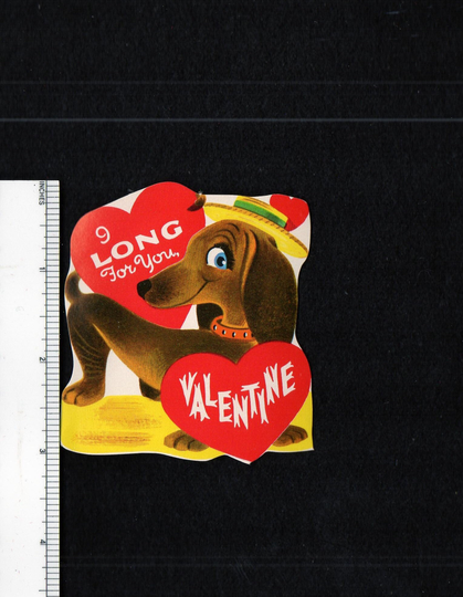Vintage Valentine Card Smiling Dachshund Wearing A Hat I Long For You Wiener Dog Doxie Puppy Unused Original Diecut Retro Graphics Kitschy