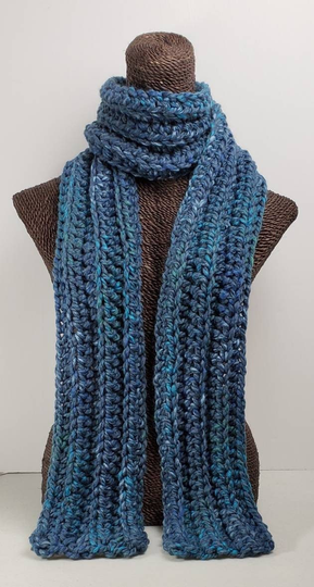 Chunky Wool Blend Crochet Winter Scarf - "Dusk" Blue | Variegated