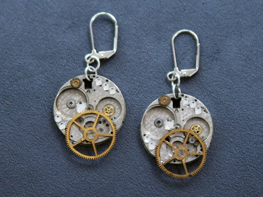 Earrings Steampunk Handmade Vintage Victorian Recycled From Men's Watch Part Movements & Pocket Parts With Austrian Crystals
