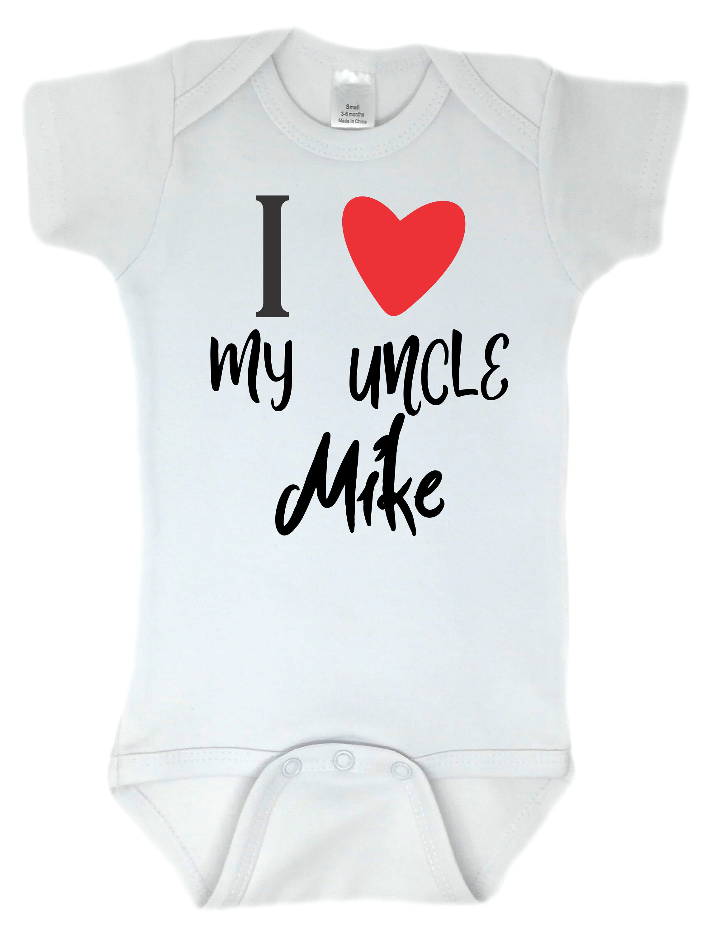 Personalized I Heart My Uncle Custom Name Cute & Stylish Baby Bodysuit, White with Black Font Red