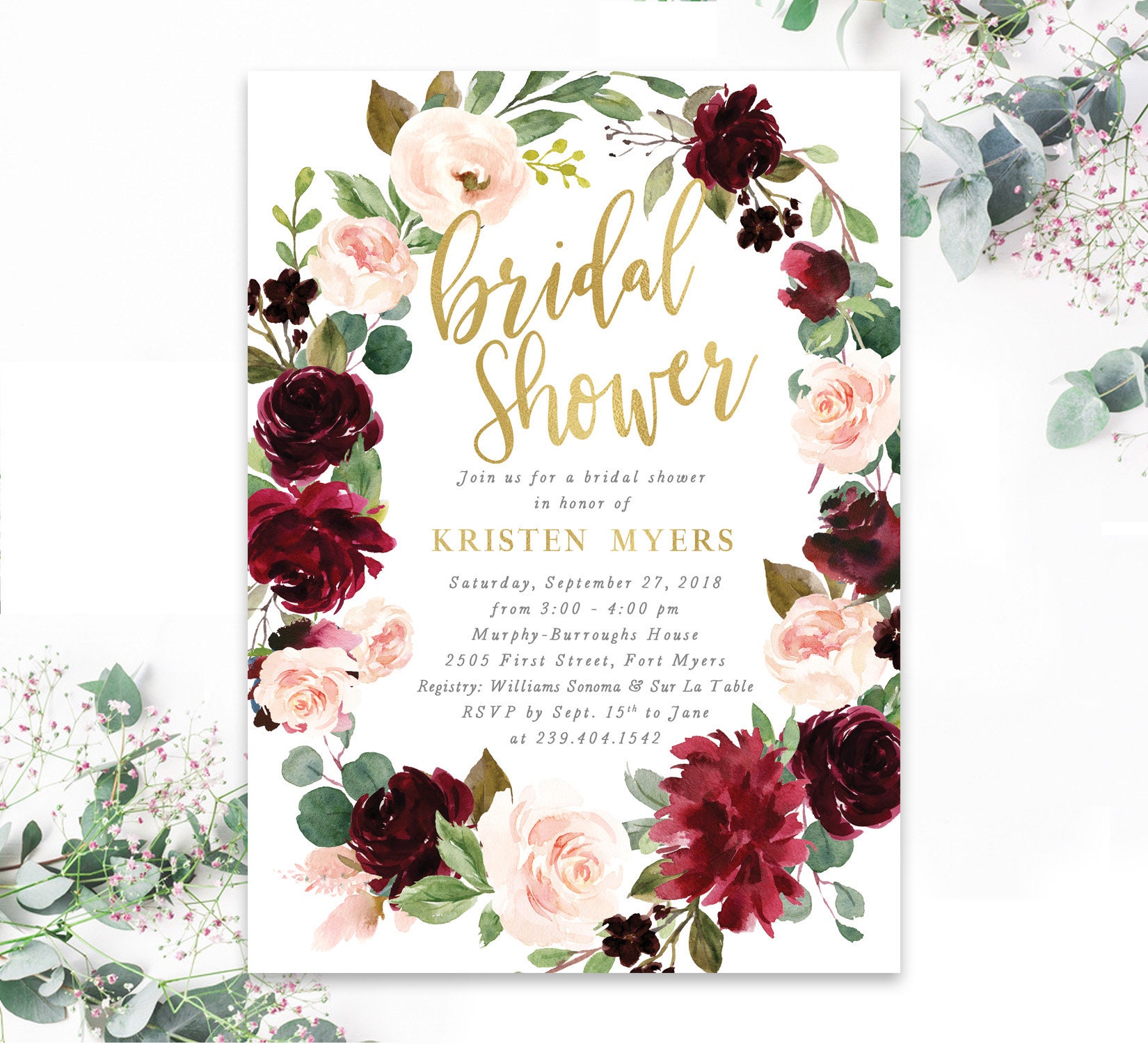 Floral Bridal Shower Invitation, Burgundy & Blush Invite - Printed Printable Kristen