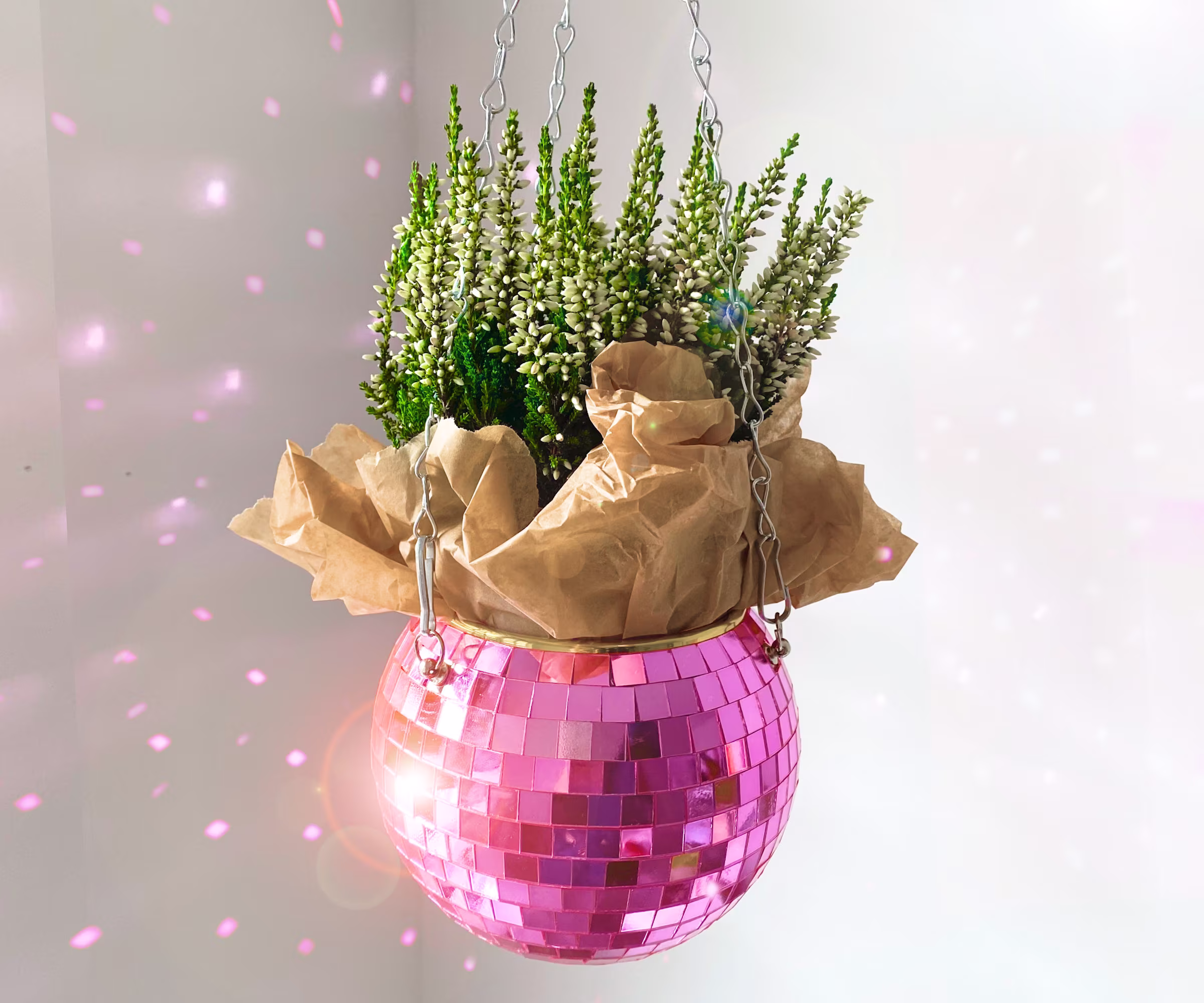 Pink Cute Planter, Hanging Planter 8 Inch, Unique Gold, Silver Disco Ball Disco Plant Holder 6 Pot