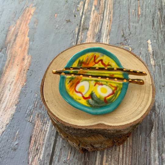 Ramen Bowl Brooch, Porcelain Ceramic Jewelry, Pin Backer, Shellieartist, Gift For Her, Chopsticks, Ramen Lover Foodie
