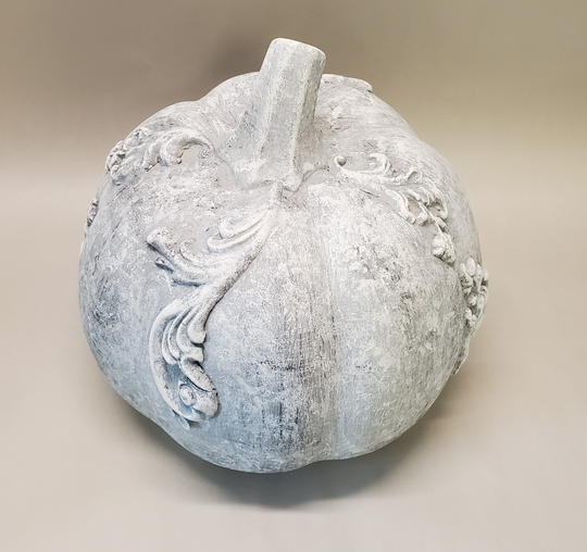 Hand Painted Ceramic Pumpkin With Baroque Swirls, Gray White, 7" X 8"
