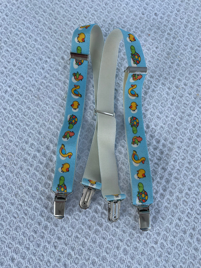Vintage Baby Blue Toddler & Suspenders With Ducks Birds, Suspenders, Suspenders