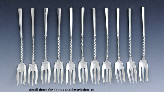 11 Sterling Silver Seafood Or Cocktail Forks With Square Twist Handles C1890