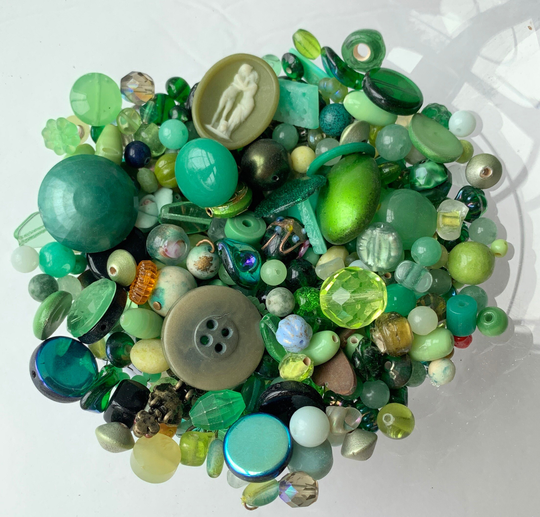 Lenora Dame Raw Materials Upcycled Surprise Bead Soup Mix in Green Tones - Jewelry Making Supplies 4x4-Inch Bag
