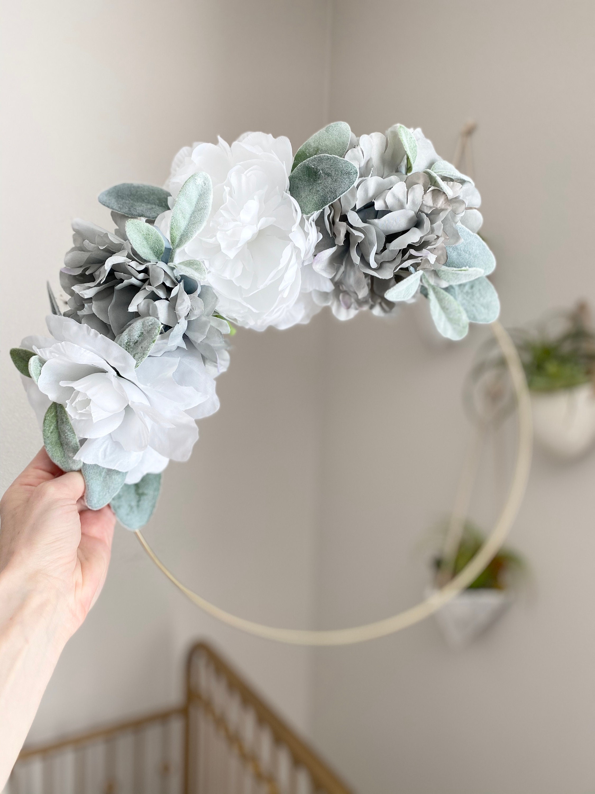 Gray & White Decor Living Room Wall Indoor Wreath Modern Hoop Boho Art Neutral