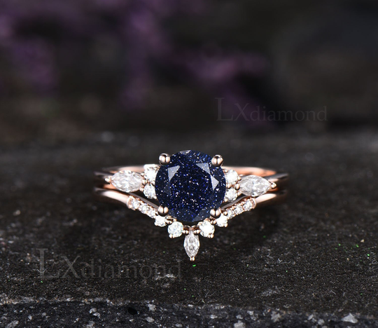 Round Blue Sandstone Ring Set Engagement Sterling Silver Marquise Cut Stacking Anniversary