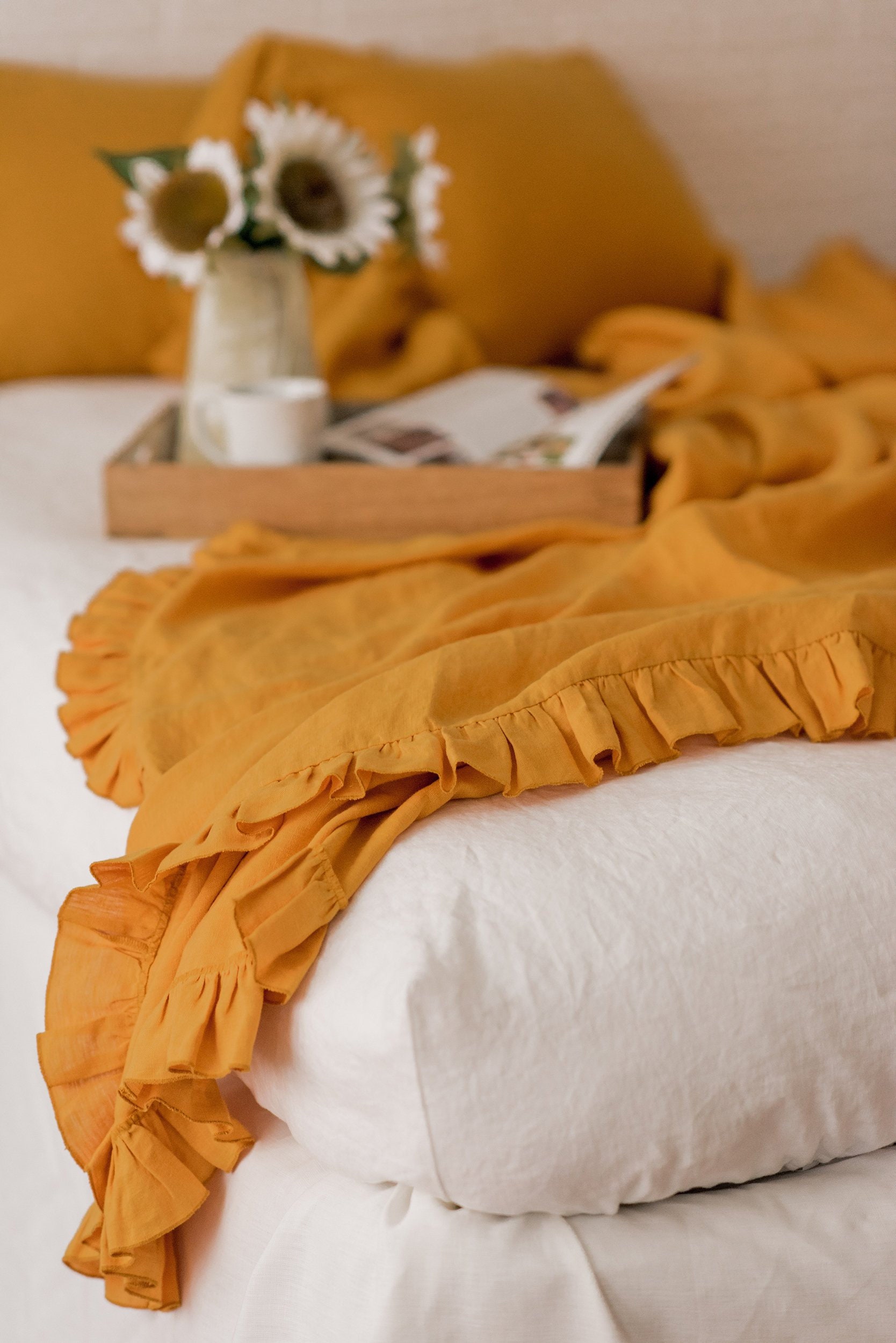 Ruffled Linen Flat Sheet Mustard, White, Oatmeal, Blue, Charcoal - Bedding Farmhouse Decor Soft Crib Queen King